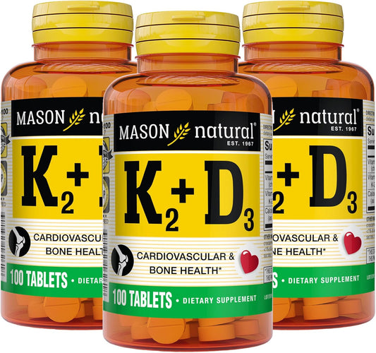 MASON NATURAL Vitamin K2 + D3 with Calcium for Bone and Muscle Support - 300-Day Supply, 100 Tablets x 3 Pack