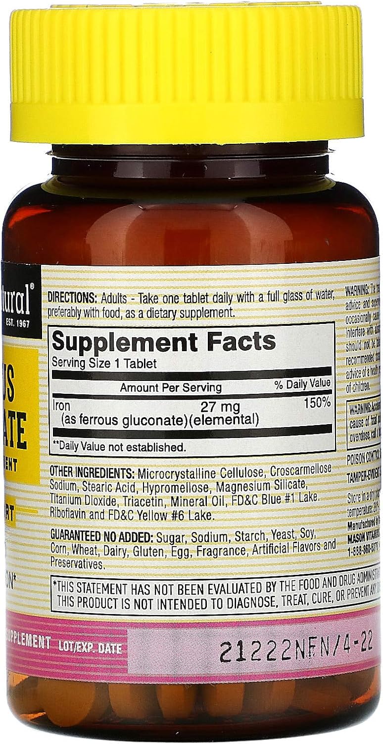 Mason Vitamins Iron Ferrous Gluconate Tablets, 240mg, 100 Count Bottle - Pack of 1