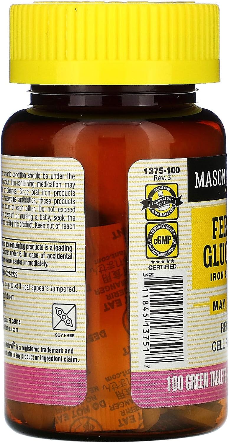 Mason Vitamins Iron Ferrous Gluconate Tablets, 240mg, 100 Count Bottle - Pack of 1