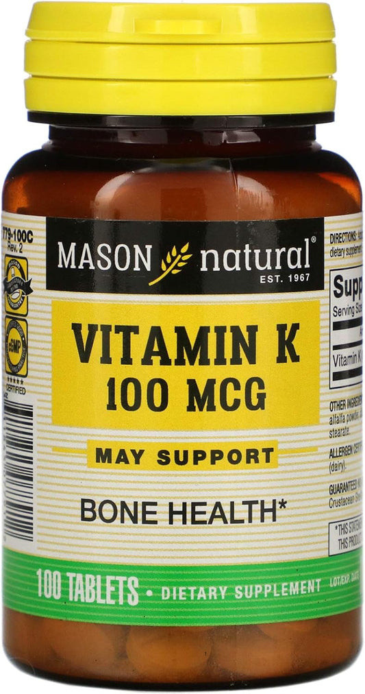 Mason Vitamins Vitamin K 100 mcg Tablets - 100 Count Bottle for Bone Health & Blood Clotting Support