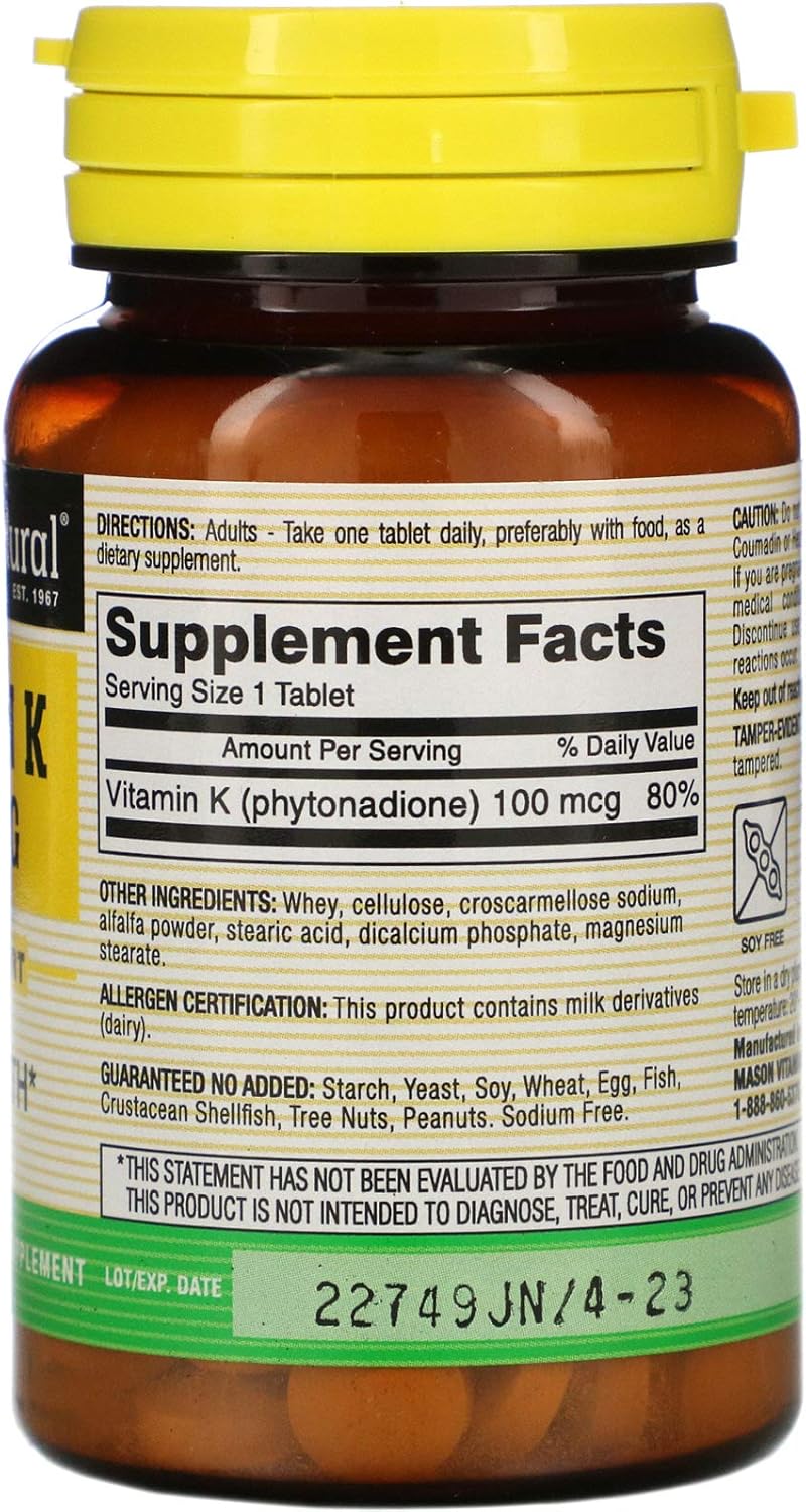 Mason Vitamins Vitamin K 100 mcg Tablets - 100 Count Bottle for Bone Health & Blood Clotting Support
