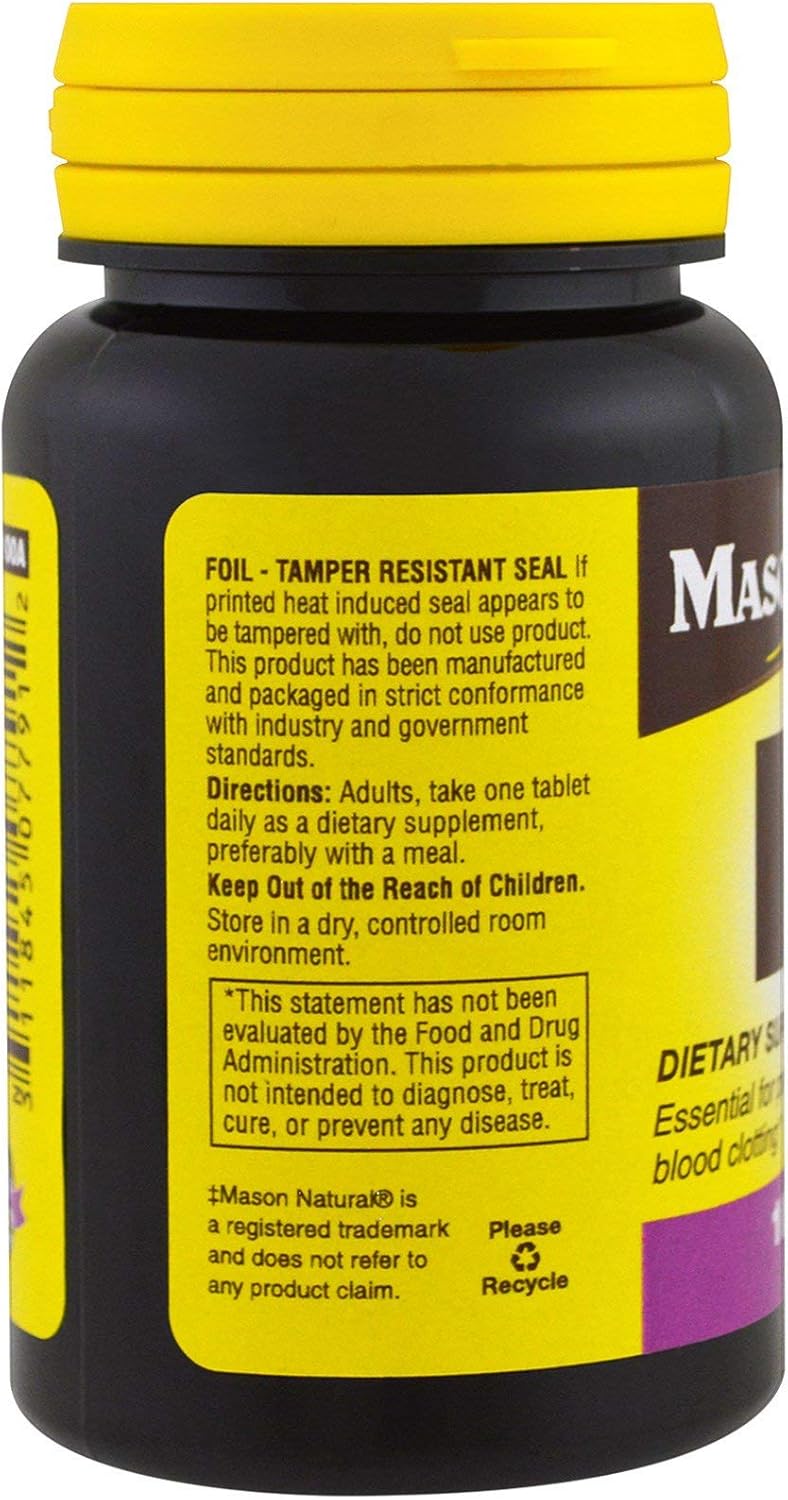Mason Vitamins Vitamin K 100 mcg Tablets - 100 Count Bottle for Bone Health & Blood Clotting Support