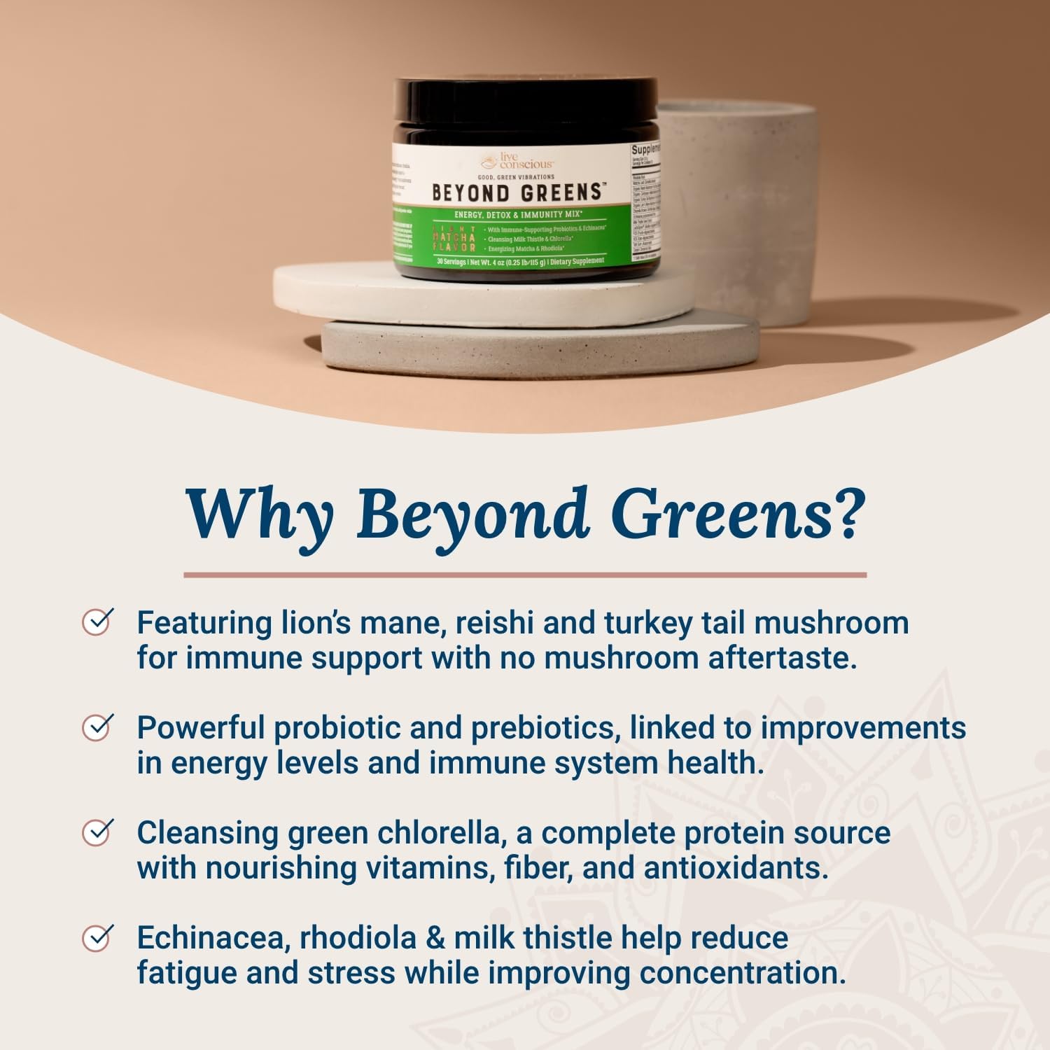 Matcha Flavored Superfood Powder with Chlorella, Echinacea, and Probiotics for Immune Support and Energy - 60 Servings