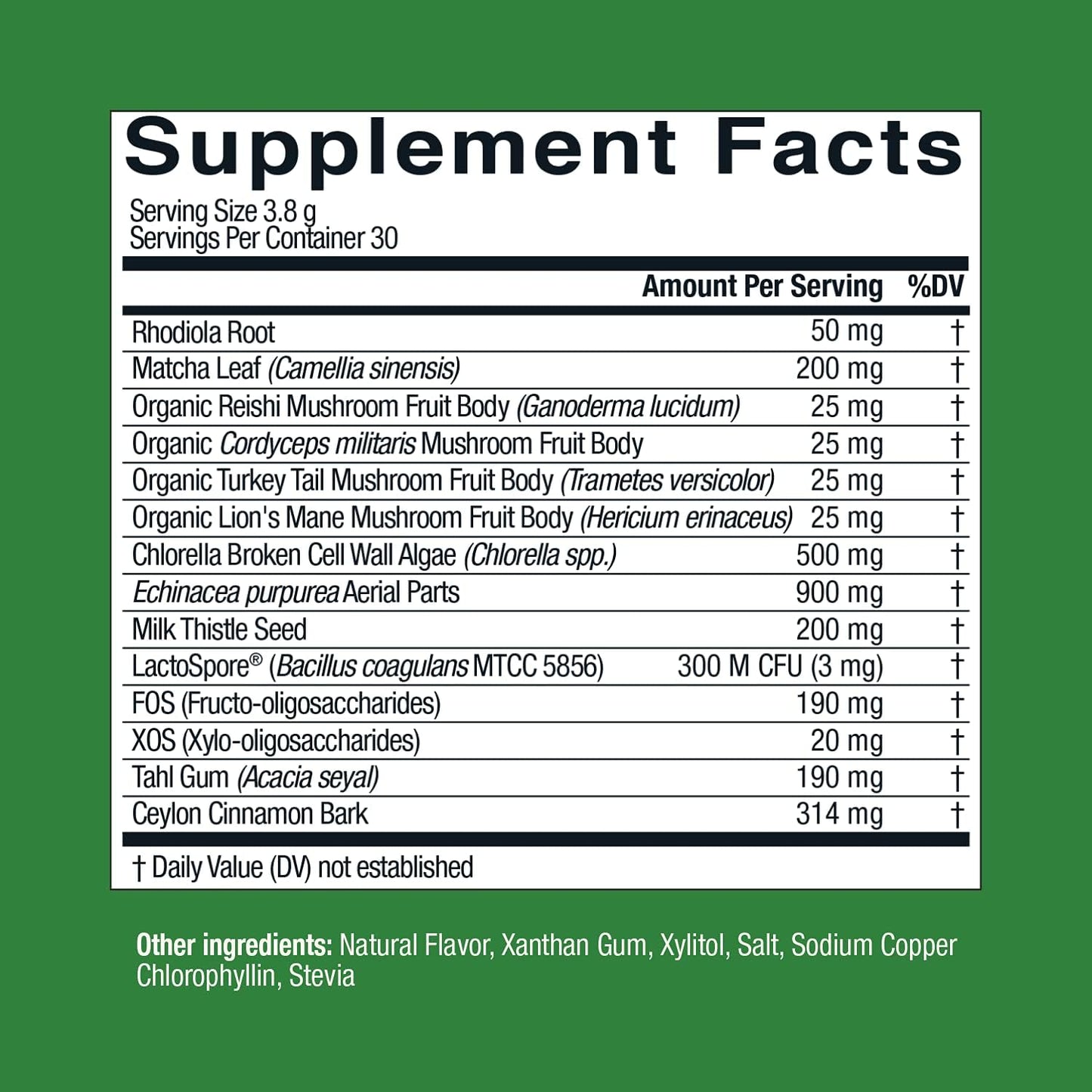 Matcha Flavored Superfood Powder with Chlorella, Echinacea, and Probiotics for Immune Support and Energy - 60 Servings