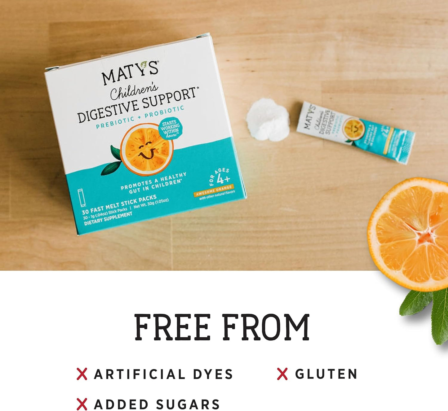 Matys Kids Prebiotic & Probiotic Powder Packs, Awesome Orange Flavor, 30 Single Serve Packets, Ages 4+, Gluten Free - BoostGo Australia