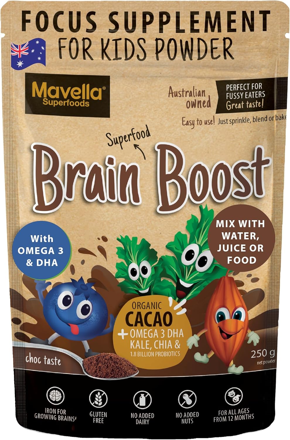 Mavella Kids Brain Boost Focus Supplement - Omega-3 DHA Flaxseed Natural Attention Support Vitamins 8.82oz