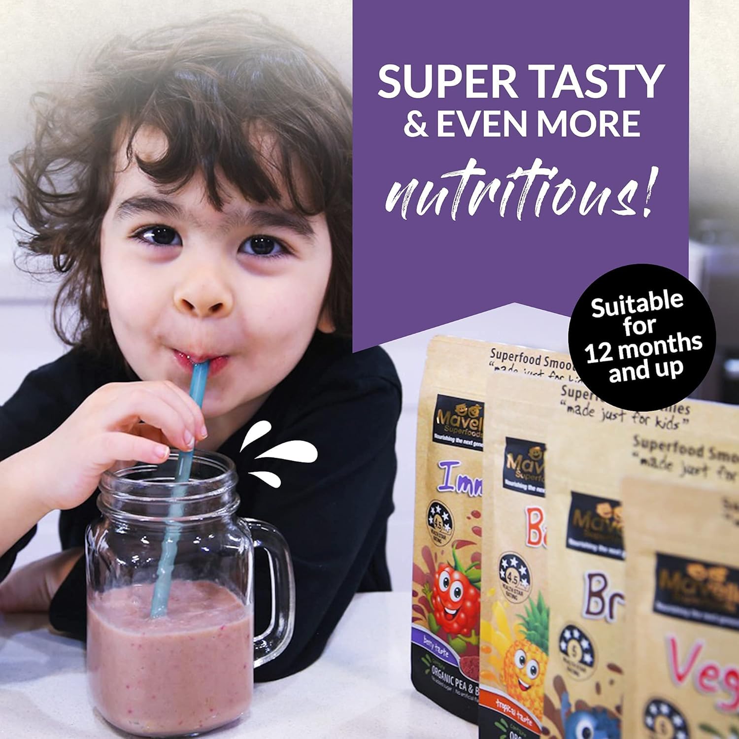 Mavella Kids Immune Support Powder - Vitamin C, E, Magnesium, Probiotics, 9 Superberries - Berry Taste Gummies Alternative