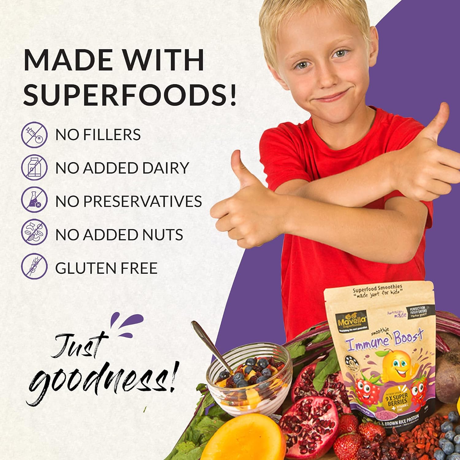 Mavella Kids Immune Support Powder - Vitamin C, E, Magnesium, Probiotics, 9 Superberries - Berry Taste Gummies Alternative