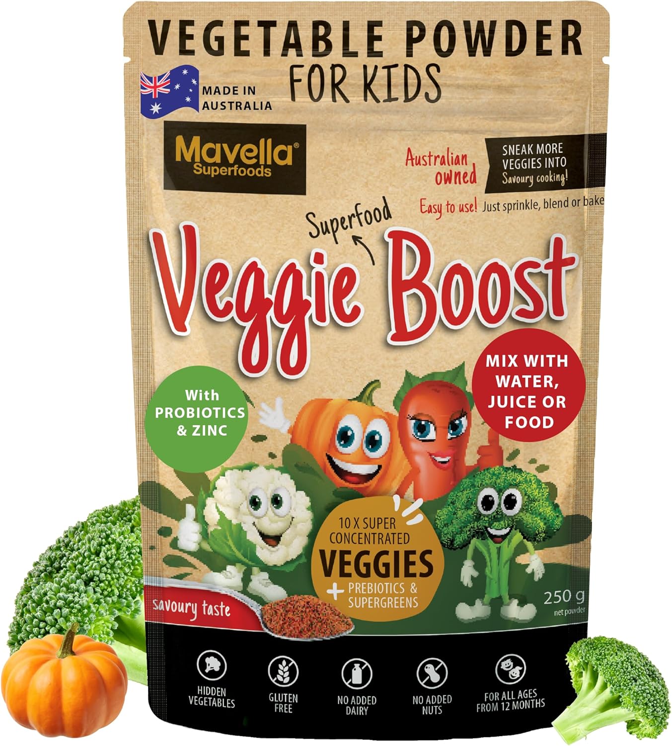 Mavella Kids Veggie Boost Powder with Probiotics, Fibers, Super Greens, Pea Protein - 8.82oz Savoury Flavored Supplement