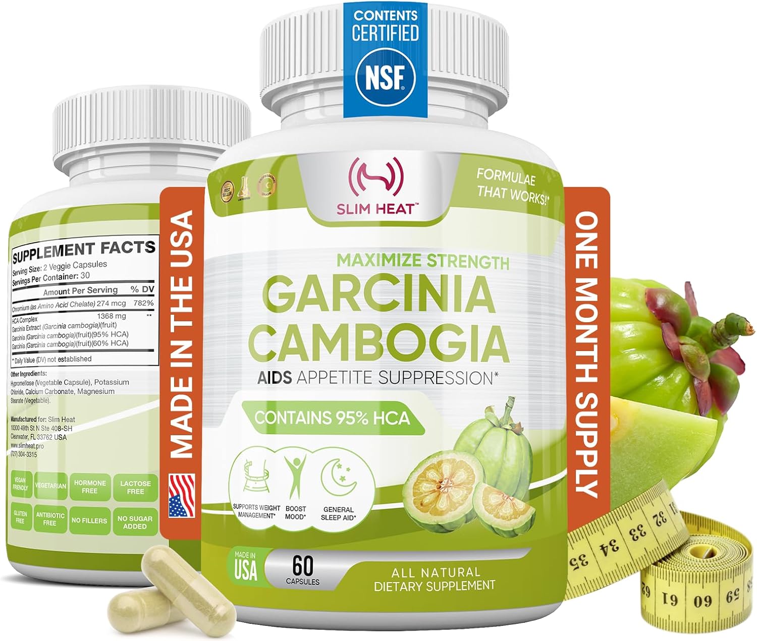 Max Strength 100% Pure Garcinia Cambogia Extract - Suppress Appetite - Top Carb Blocker for Men & Women - USA Made - 60 Veggie Capsules