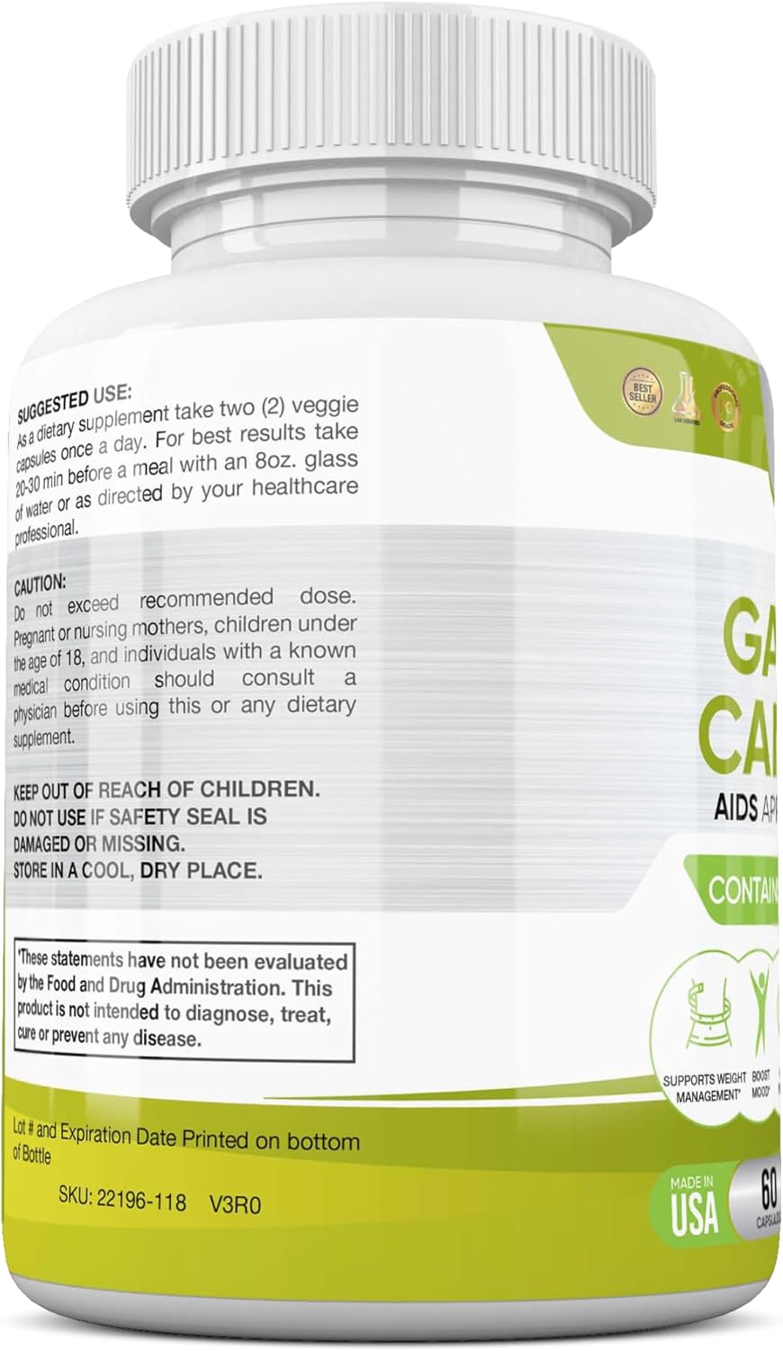 Max Strength 100% Pure Garcinia Cambogia Extract - Suppress Appetite - Top Carb Blocker for Men & Women - USA Made - 60 Veggie Capsules