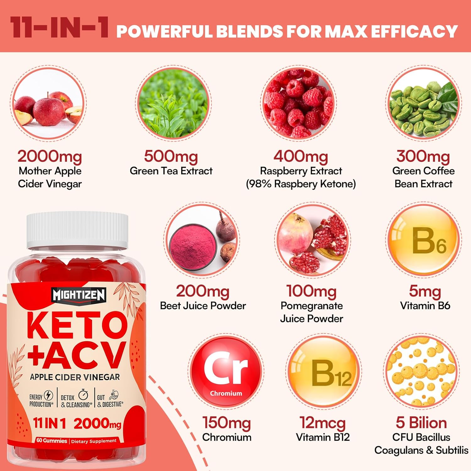 Max Strength 2000mg Mother Apple Cider Vinegar Gummies - Detox & Cleanse, Fast-Acting Keto ACV Gummies with Green Tea, Probiotics B6 - 6 Pack