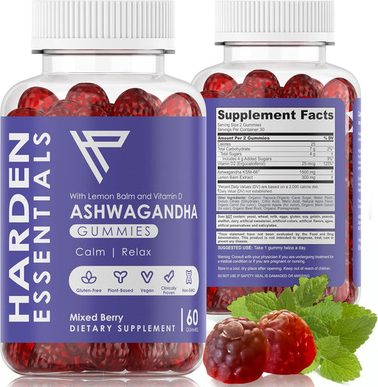 Max Strength Ashwagandha Gummies with Lemon Balm & Vitamin D - Herbal Calm Mood Support for Stress Relief - Vegan & Gluten Free - 750mg per Gummy (60 Count)