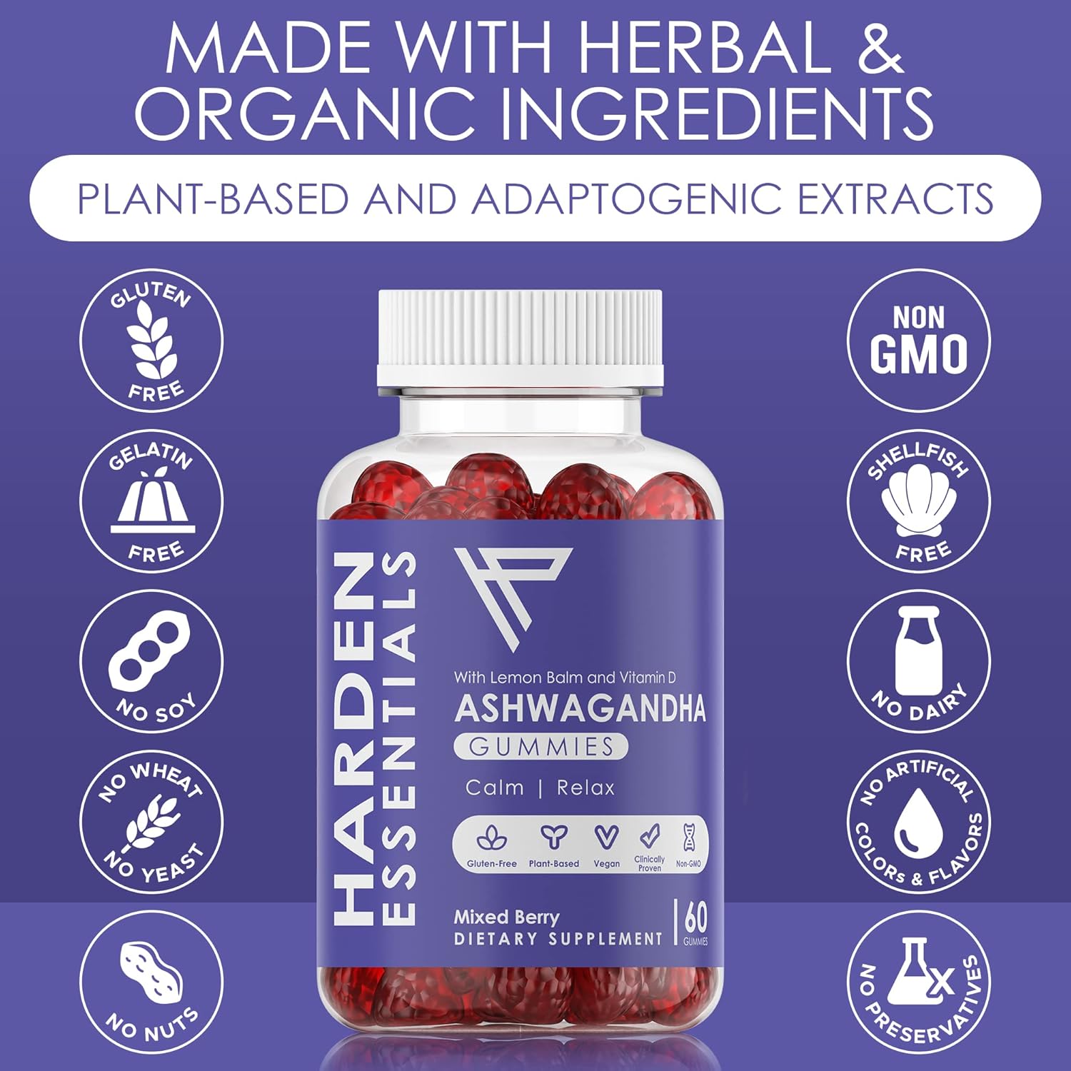 Max Strength Ashwagandha Gummies with Lemon Balm & Vitamin D - Herbal Calm Mood Support for Stress Relief - Vegan & Gluten Free - 750mg per Gummy (60 Count)