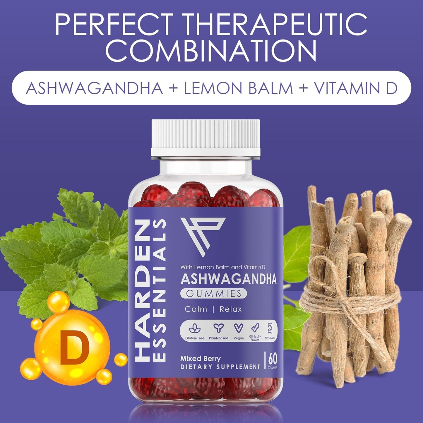 Max Strength Ashwagandha Gummies with Lemon Balm & Vitamin D - Herbal Calm Mood Support for Stress Relief - Vegan & Gluten Free - 750mg per Gummy (60 Count)
