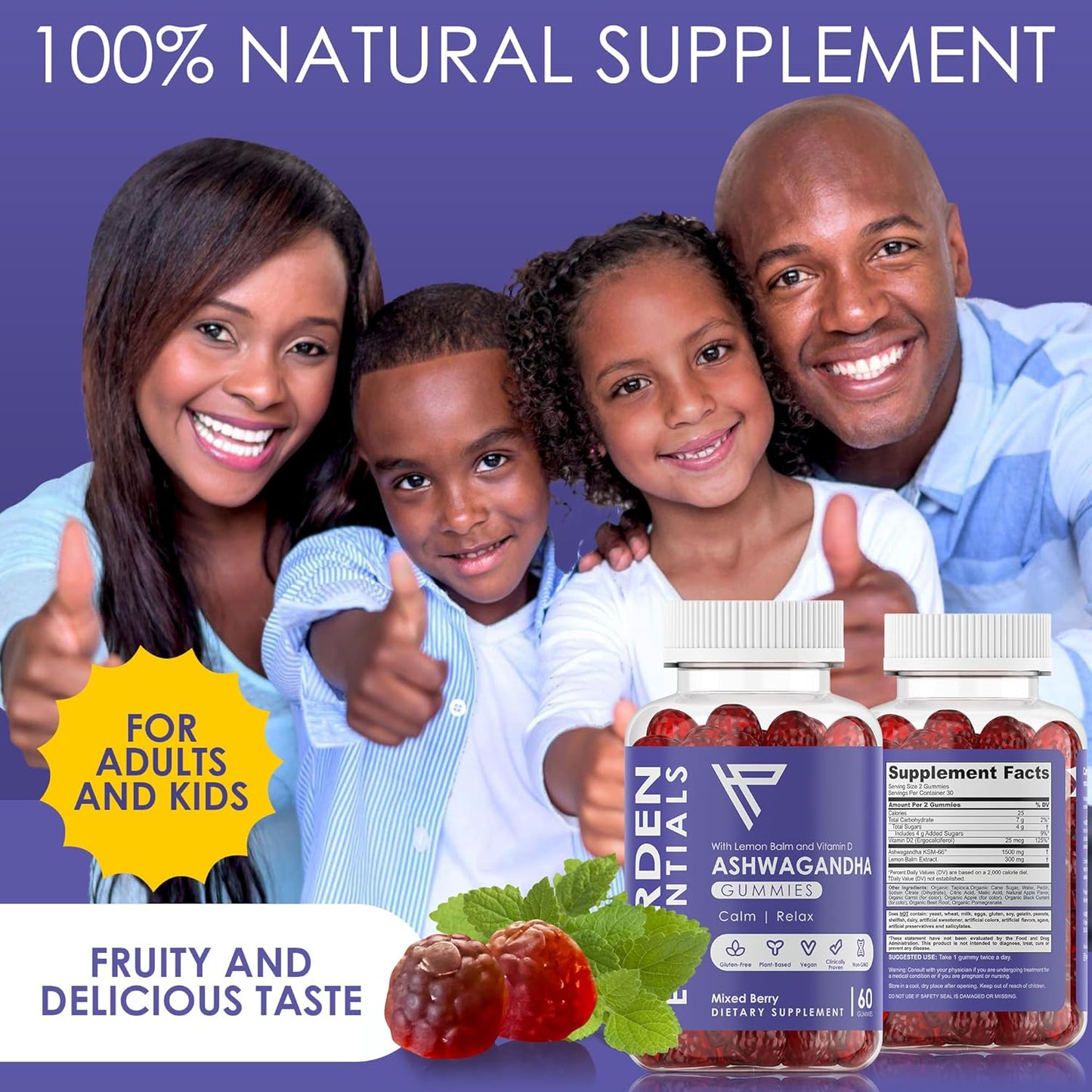 Max Strength Ashwagandha Gummies with Lemon Balm & Vitamin D - Herbal Calm Mood Support for Stress Relief - Vegan & Gluten Free - 750mg per Gummy (60 Count)