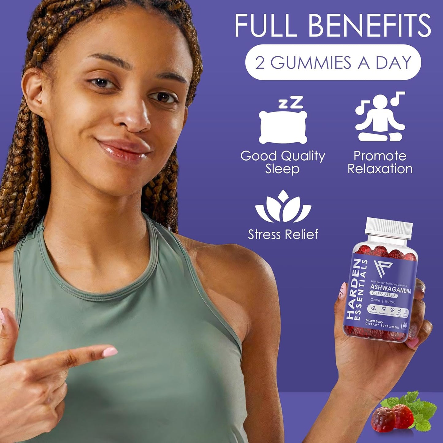 Max Strength Ashwagandha Gummies with Lemon Balm & Vitamin D - Herbal Calm Mood Support for Stress Relief - Vegan & Gluten Free - 750mg per Gummy (60 Count)