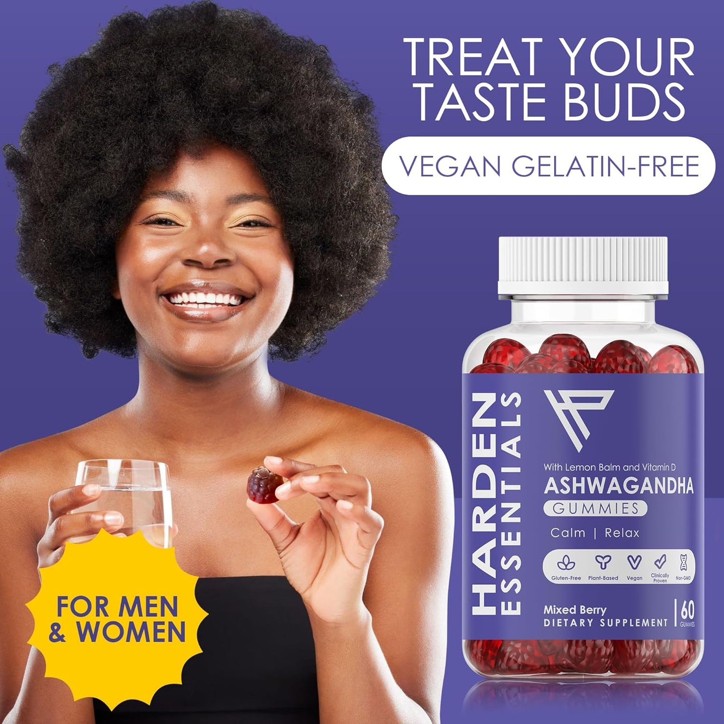 Max Strength Ashwagandha Gummies with Lemon Balm & Vitamin D - Herbal Calm Mood Support for Stress Relief - Vegan & Gluten Free - 750mg per Gummy (60 Count)