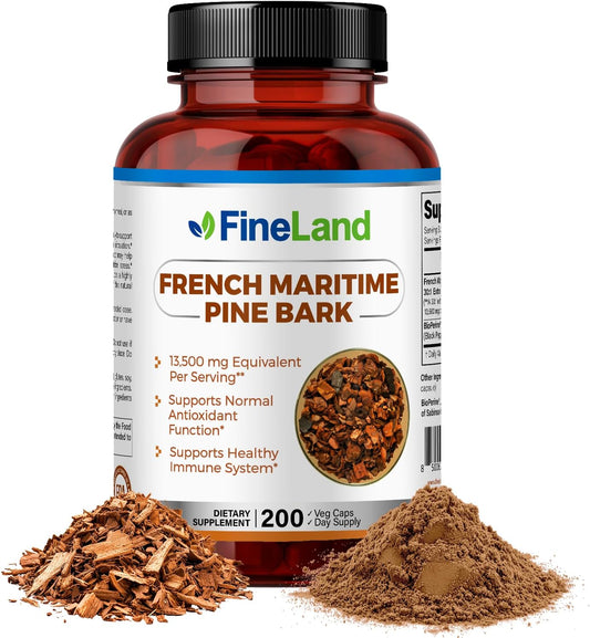 Max Strength FineLand French Maritime Pine Bark Extract Capsules - 450mg, 200 Veggie Caps, Antioxidant Supplement for 200 Days