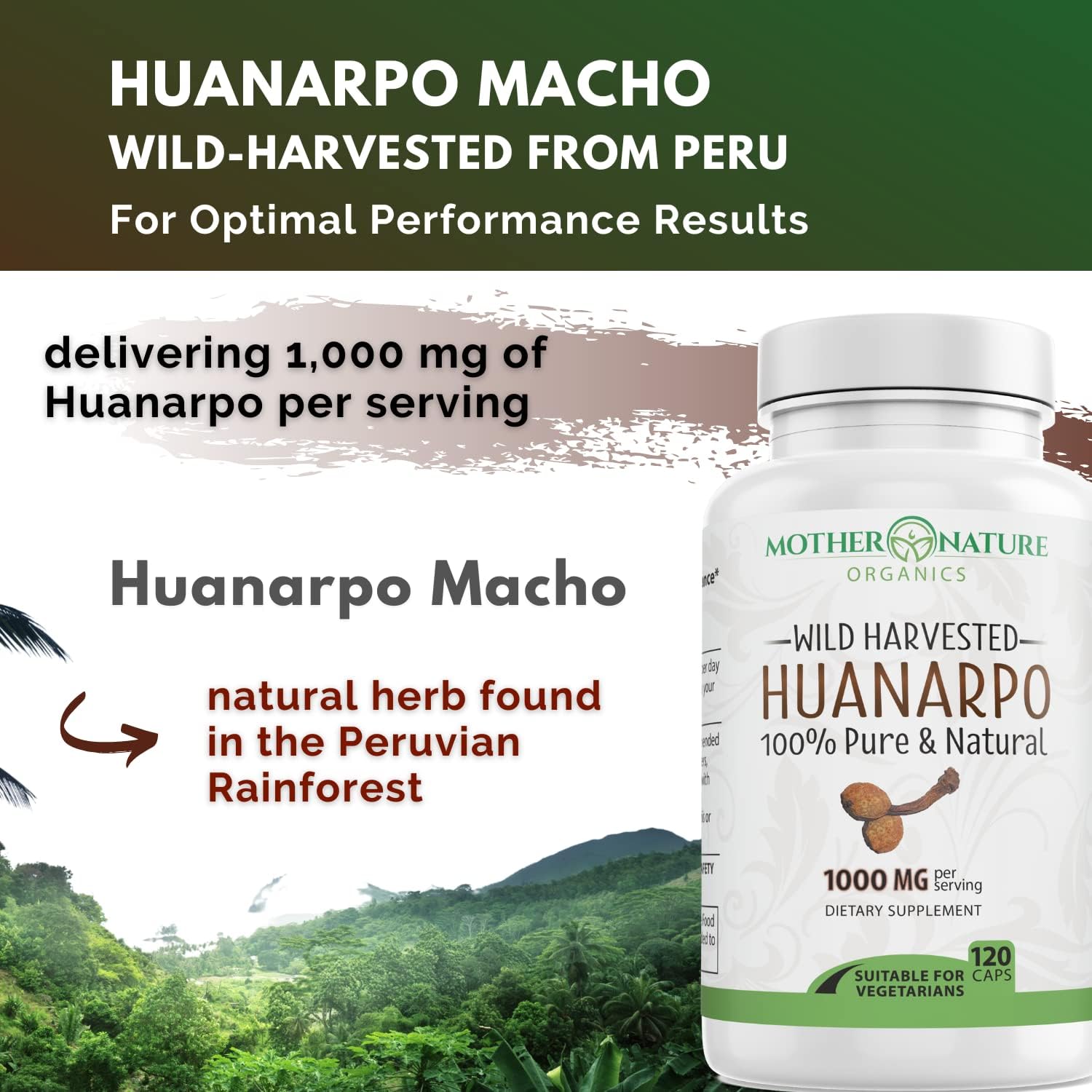 Max Strength Huanarpo Macho Powder Capsules - 1000mg (120 Count) for Men's Energy & Performance - Non-GMO, Gluten-Free & Vegan
