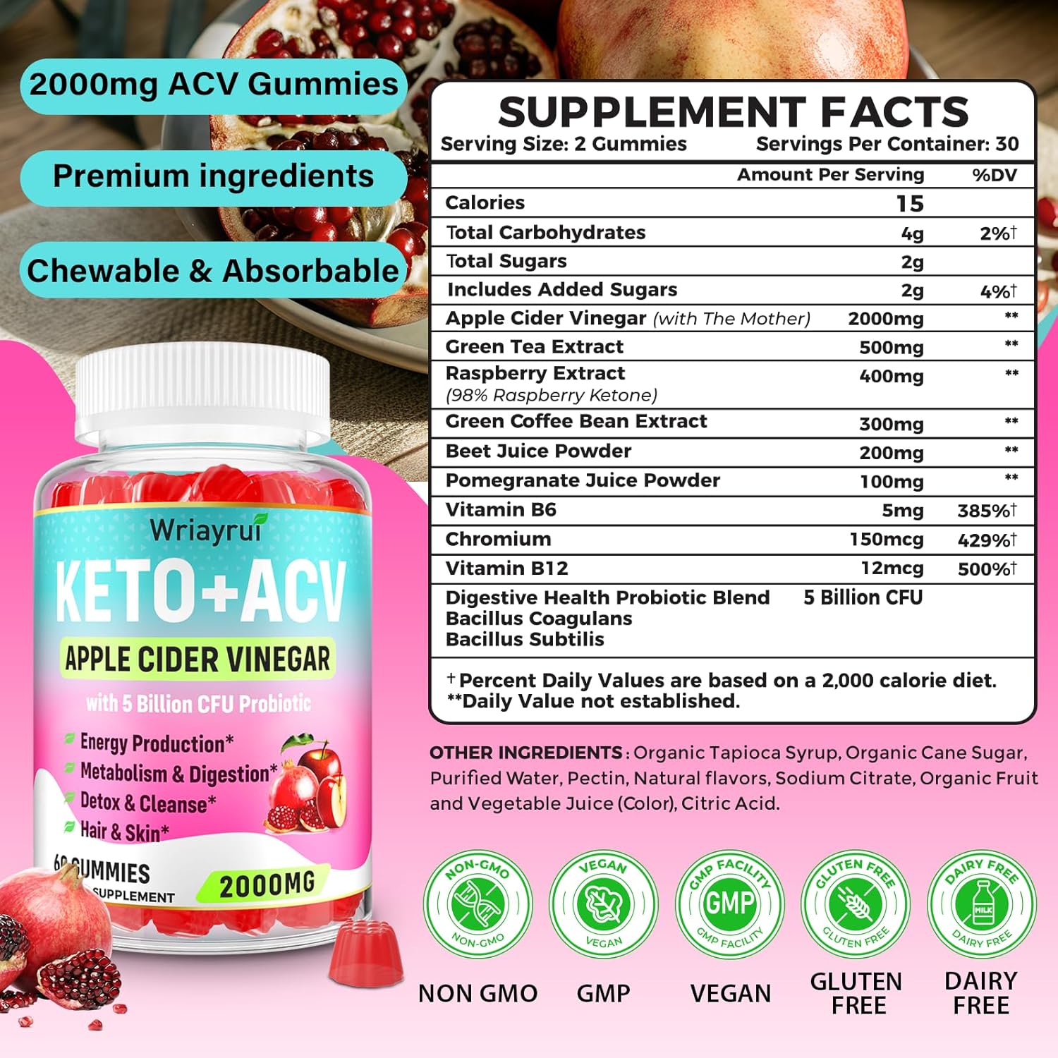 Max Strength Keto Apple Cider Vinegar Gummies for Metabolism, Digestion, & Detox - 60 Keto Gummies with Green Tea, Probiotics, B6 & B12