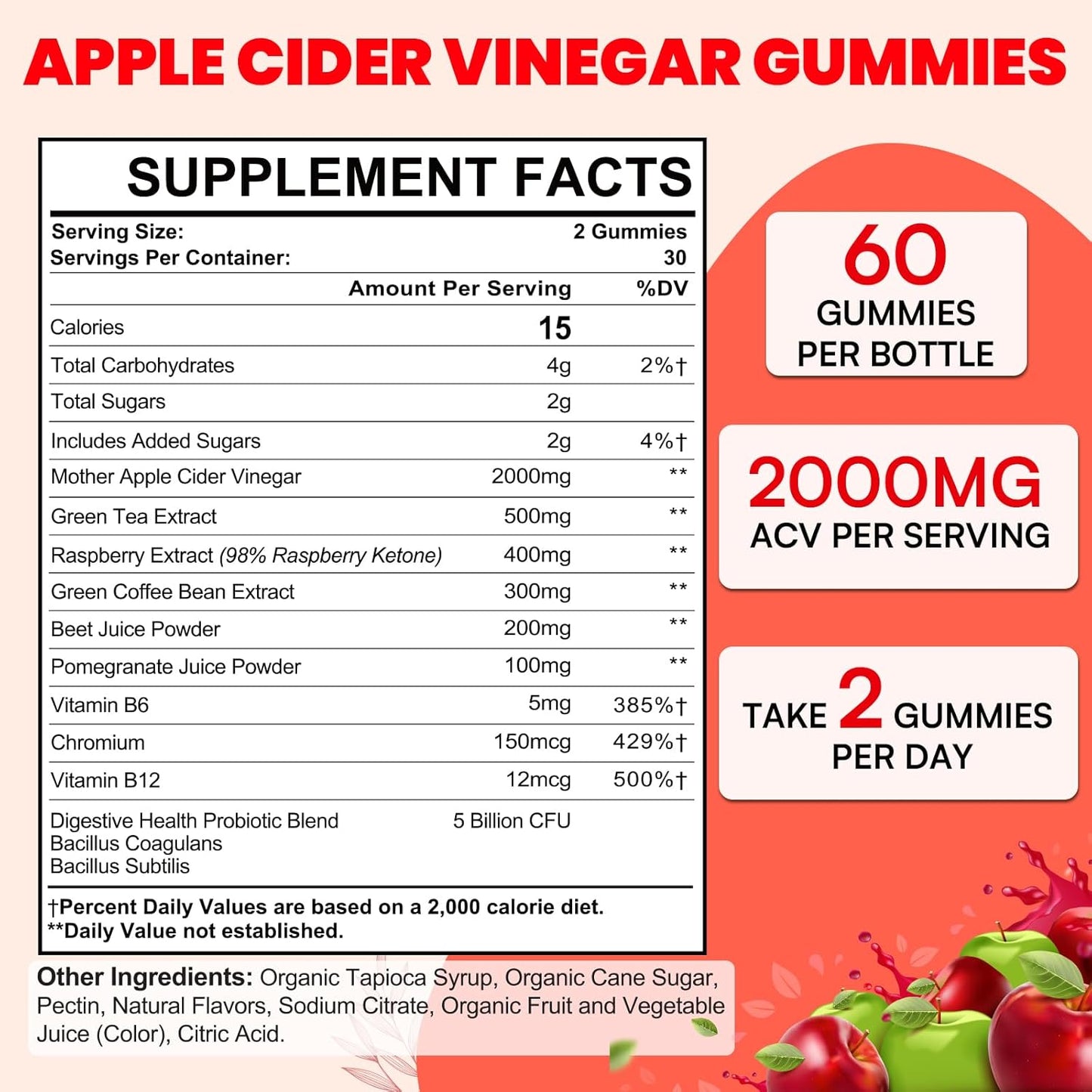 Max Strength Keto Apple Cider Vinegar Gummies with Green Tea, Probiotics, B12 & B6 - Vegan, Non-GMO, Keto Support - 10 Packs
