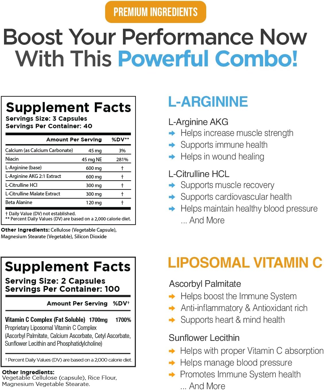 Max Strength Nitric Oxide Booster Bundle - L-Arginine & Liposomal Vitamin C, With L Citrulline, Ascorbyl Palmitate - Supports Exercise Energy, Immune Health, and Slim Look - Natural Absorb Boost Formula
