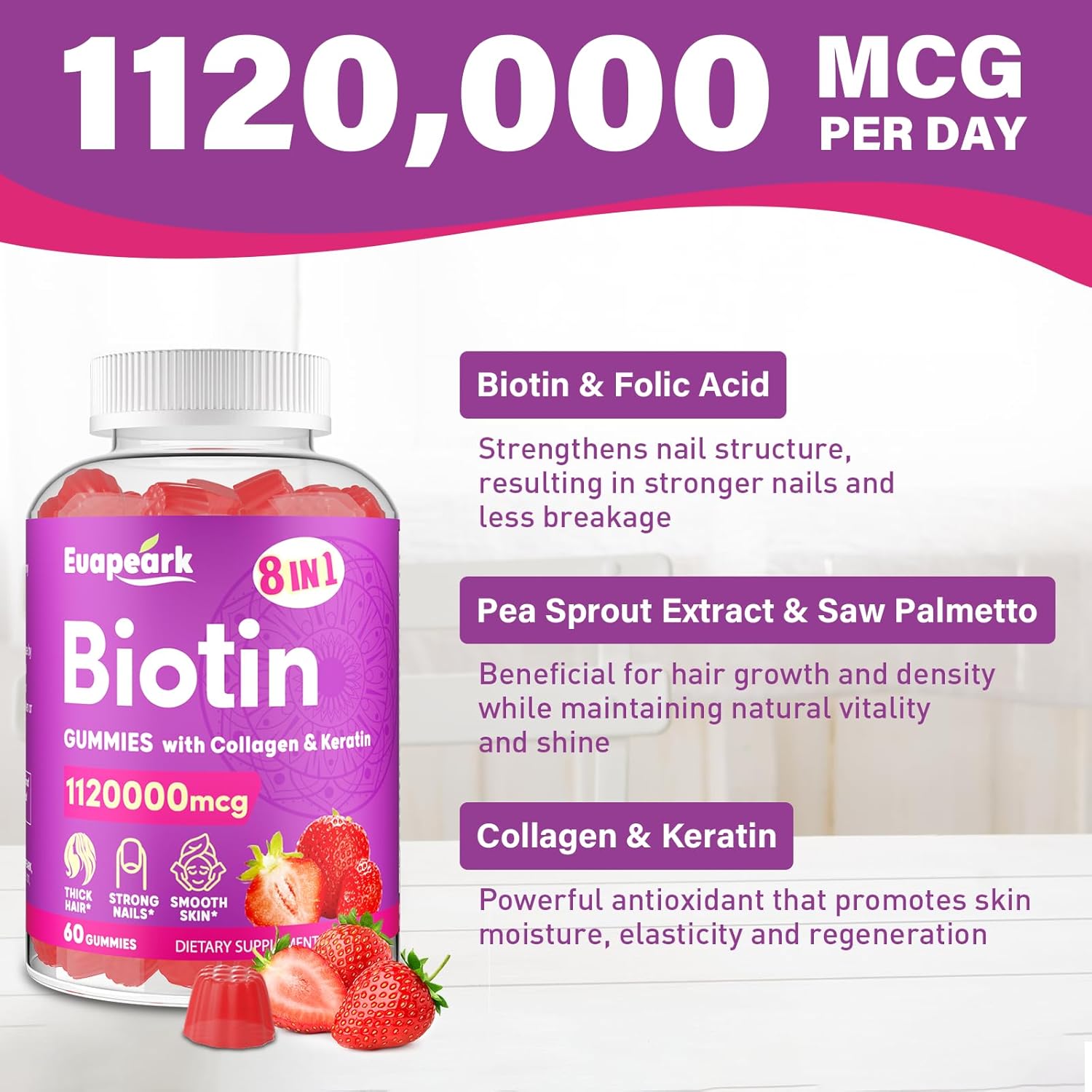 Max Strength Organic Biotin Gummies with Collagen, Keratin, Folic Acid & Vitamins - Hair, Skin, Nails Supplement for Women and Men - Sugar Free - 12 Packs