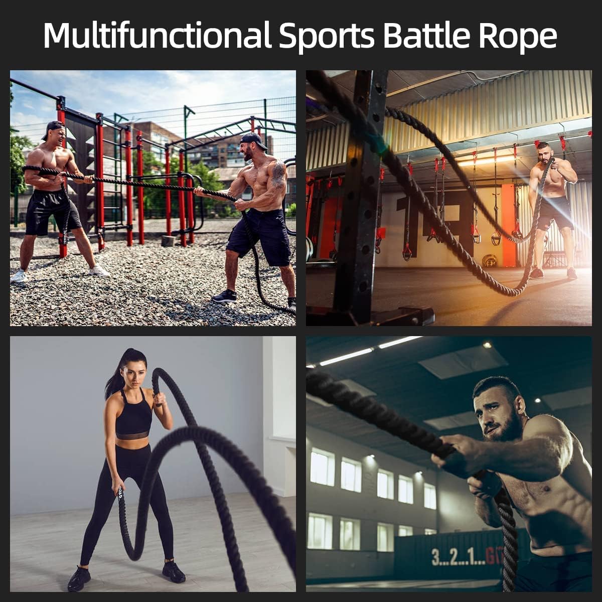 Max4out 30 ft 1.5 Inch Polyester Battle Rope for Home Body Workouts - Heavy Duty Black Workout Rope for Muscle Building