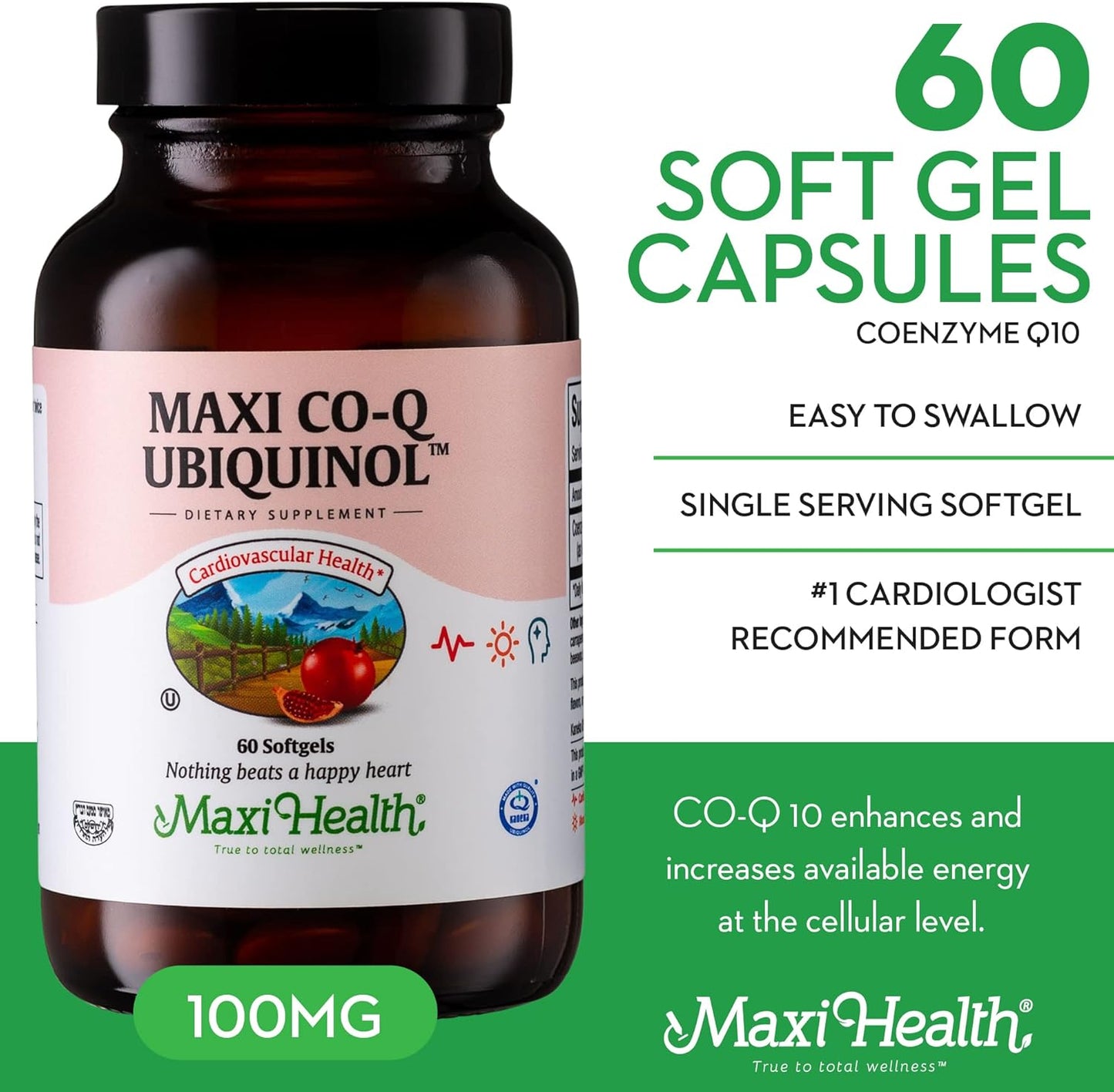 Maxi Health CoQ10 Ubiquinol 100mg Softgels - Kosher CoQ10 Supplement for Cardiovascular Health - Superior Absorption - Cellular Energy Support - 60 Count