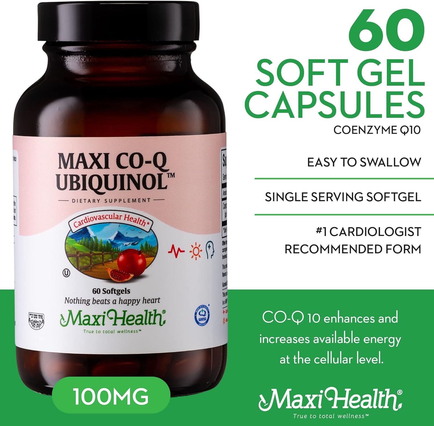 Maxi Health CoQ10 Ubiquinol 100mg Softgels - Kosher CoQ10 Supplement for Cardiovascular Health - Superior Absorption - Cellular Energy Support - 60 Count