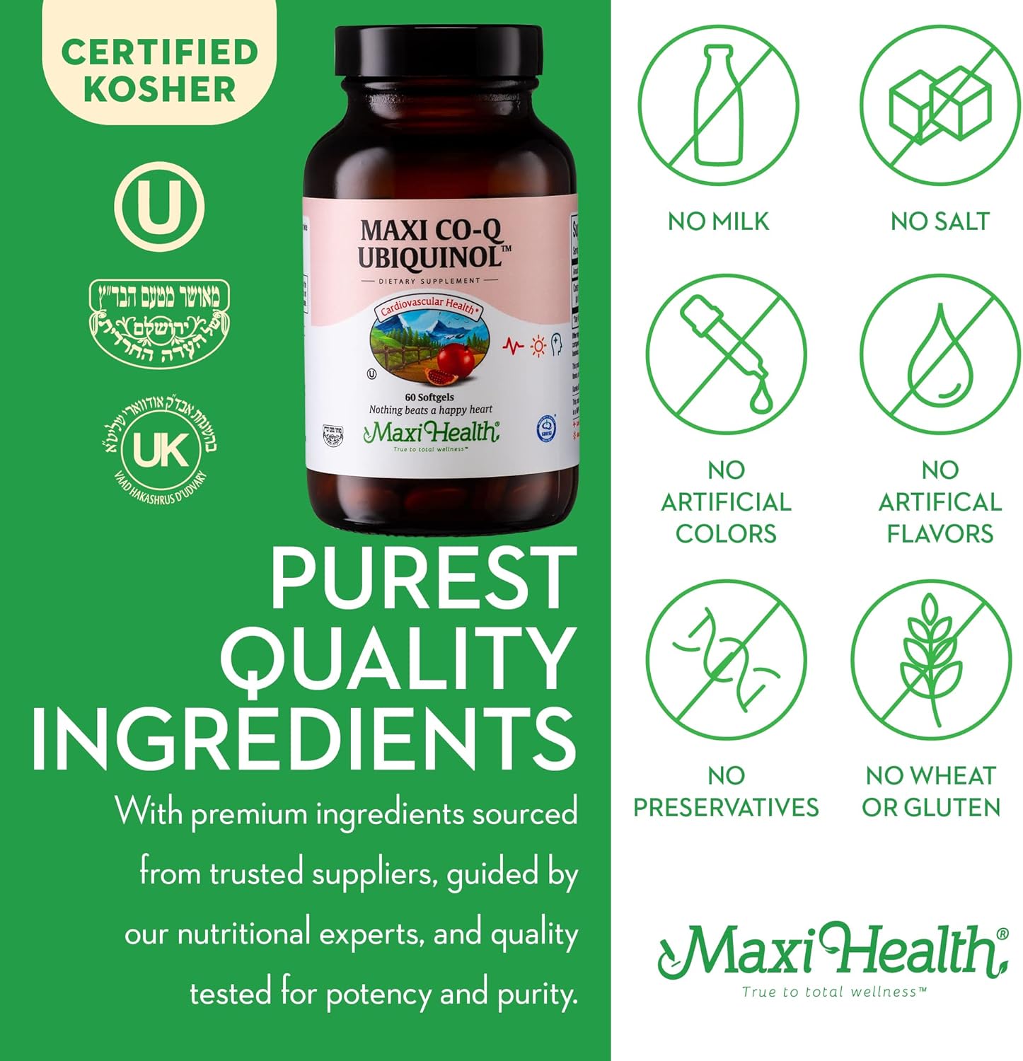 Maxi Health CoQ10 Ubiquinol 100mg Softgels - Kosher CoQ10 Supplement for Cardiovascular Health - Superior Absorption - Cellular Energy Support - 60 Count