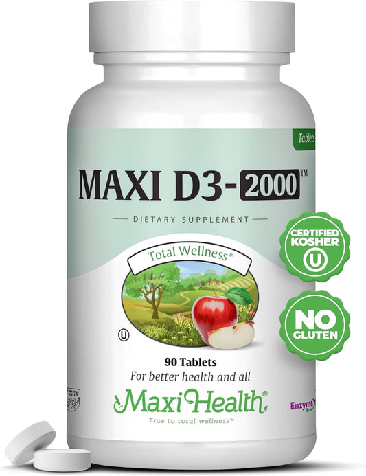 Maxi Health Kosher Vitamin D3 2000IU for Strong Immune System, Strong Teeth & Bones - 90 Tablets