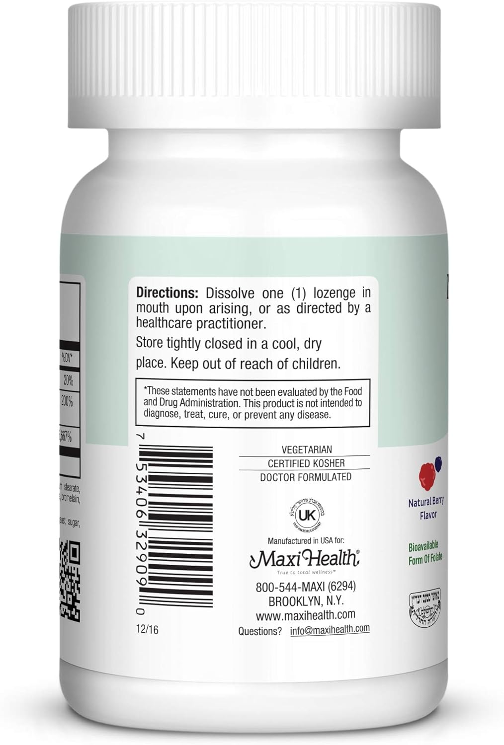Maxi Health Methyl Folate Lozenges: B12 & B6 for Memory, Cardiovascular Health, Hormone & Immune Support - Gluten Free, Kosher Berry Flavor - 90 Count