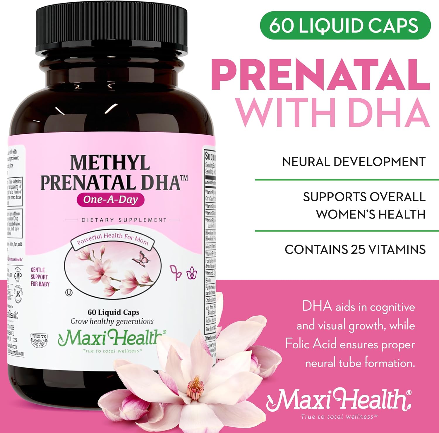 Maxi Health Methyl Prenatal DHA - Doctor Formulated Kosher Prenatal Multivitamin with 25 Nutrients, Gluten Free, 60 Liquid Capsules