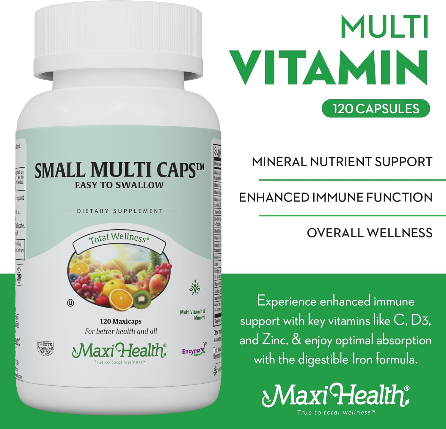 Maxi Health Multivitamin for Men & Women - Daily Vitamins with Iron, Zinc, Probiotics, Immune Support - 30 Nutrients - 120 Capsules