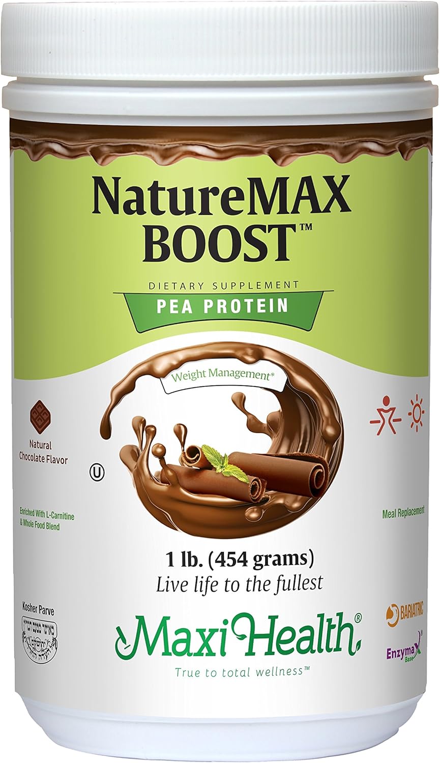Maxi Health NatureMax BoostTM Pea Protein Powder - Energy Supplement Meal Replacement - 20g Protein - Chocolate - Kosher - 1lb