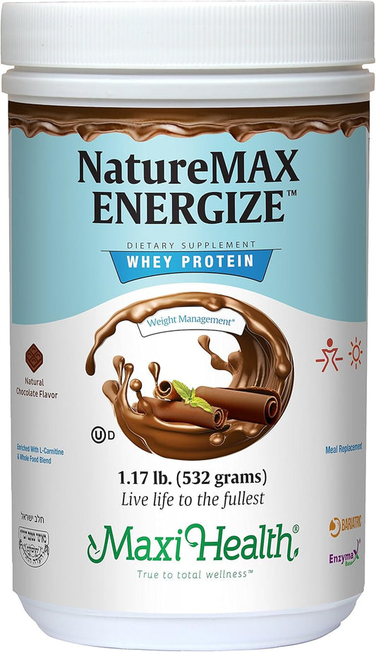 Maxi Health NatureMax EnergizeTM Whey Protein Powder - Natural Chocolate Flavor - 20g Protein - Kosher Dairy Vitamin - Energy Support Meal Replacement