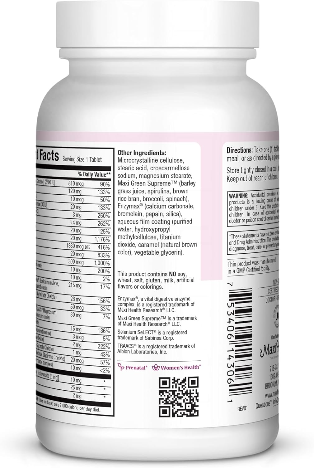 Maxi Health One Prenatal - Iron-Enriched Women's Multivitamin - Enhanced Absorption - 60 Tablets