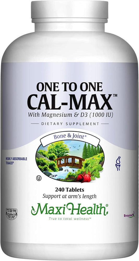 Maxi Health One to One Cal-Max: 500 mg Calcium, 1000 IU Vitamin D3, 500 mg Magnesium Tablets for Bone, Teeth, and Joint Support - 240 Count