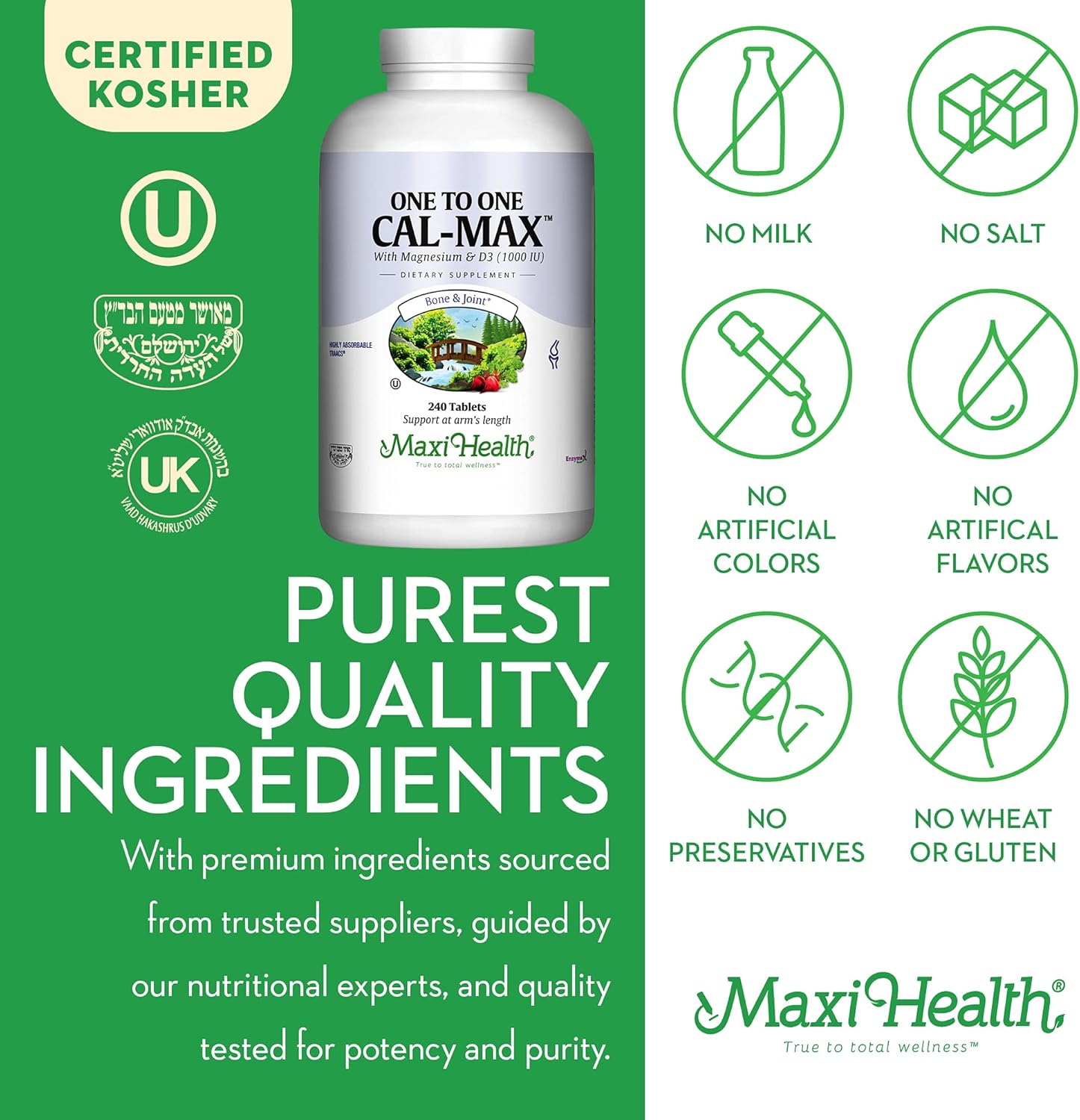 Maxi Health One to One Cal-Max: 500 mg Calcium, 1000 IU Vitamin D3, 500 mg Magnesium Tablets for Bone, Teeth, and Joint Support - 240 Count