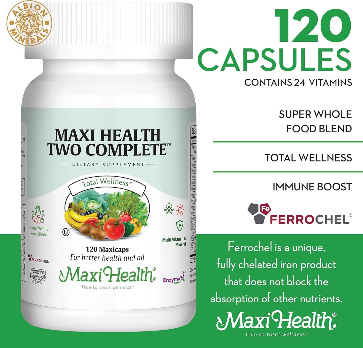 Maxi Health Two Complete Multivitamins & Minerals 120 Capsules Full Potency Kosher Formula