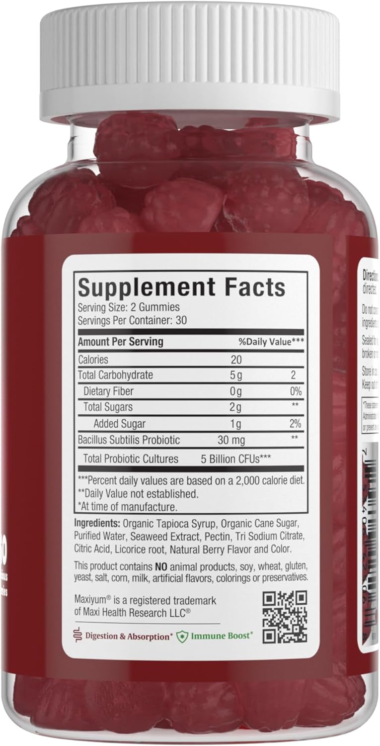 Maxi Health Yum Probiotic Gummies - 5 Billion CFUs, Kosher Certified Berry Flavor Gut Health Supplements, 60 Gummies for Men & Women
