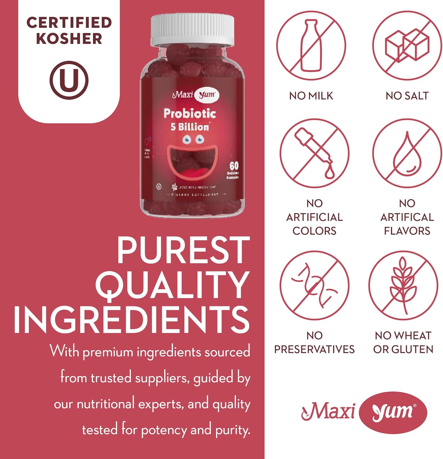 Maxi Health Yum Probiotic Gummies - 5 Billion CFUs, Kosher Certified Berry Flavor Gut Health Supplements, 60 Gummies for Men & Women