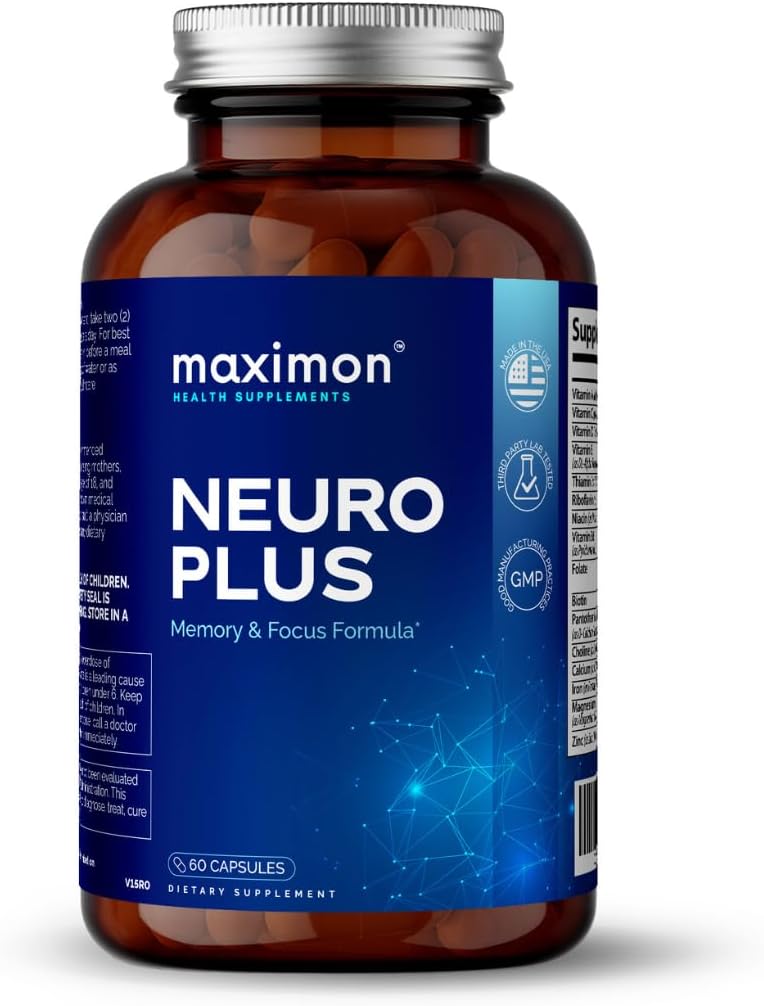 MAXIMON HEALTH SUPPLEMENTS Neuro Plus Nootropics for Cognitive Enhancement and Focus with Bacopa Extract, GABA, Huperzine A, DHA - 60 Capsules