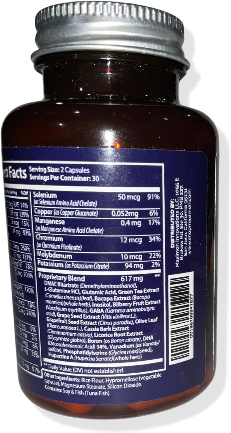 MAXIMON HEALTH SUPPLEMENTS Neuro Plus Nootropics for Cognitive Enhancement and Focus with Bacopa Extract, GABA, Huperzine A, DHA - 60 Capsules