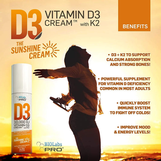 Maximum Strength All Natural Vitamin D3 Cream - 10000IU - Combat Deficiency with Vitamin K2 & Olive Leaf Extract - Safe & Effective - 3.0oz