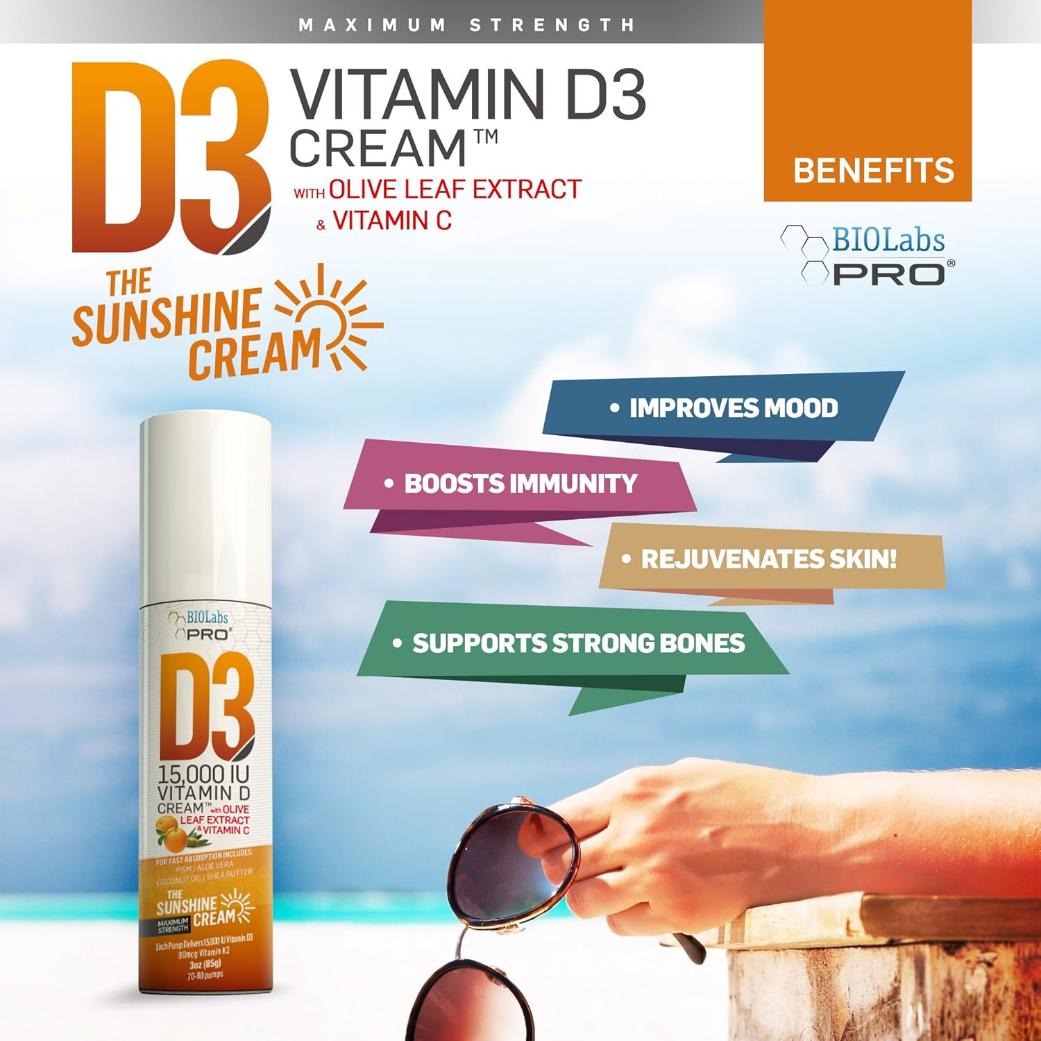 Maximum Strength All Natural Vitamin D3 Cream - 15000IU - Fight Deficiency with Vitamin K2 & Olive Leaf Extract - Safe & Effective - 3.0oz