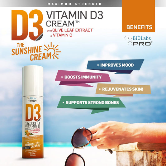 Maximum Strength All Natural Vitamin D3 Cream - 15000IU - Fight Deficiency with Vitamin K2 & Olive Leaf Extract - Safe & Effective - 3.0oz