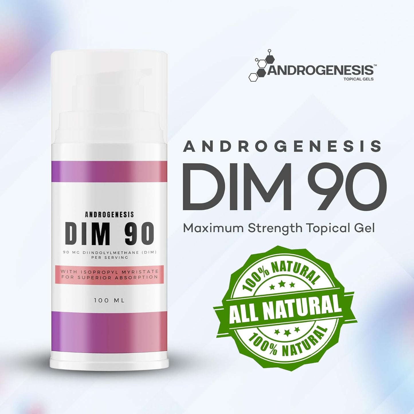 Maximum Strength Androgenesis DIM 90 Topical Gel - 90mg All Natural Diindolylmethane (DIM) - Supports Hormonal Balance, Cognitive Function, Mood, Memory and Immune System - 30 Servings